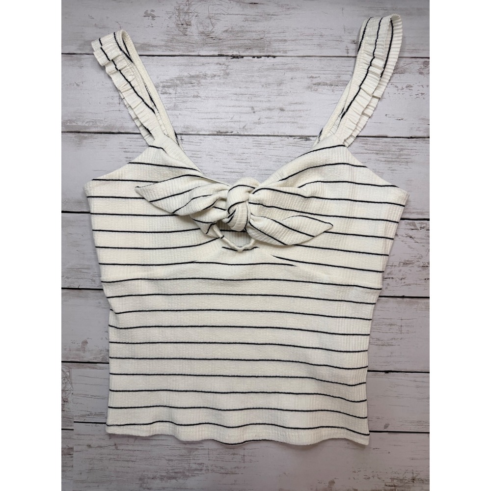 Charlotte Avery Dainty Hooligan Striped Tie Front Ruffle Strap Ribbed Tank Top